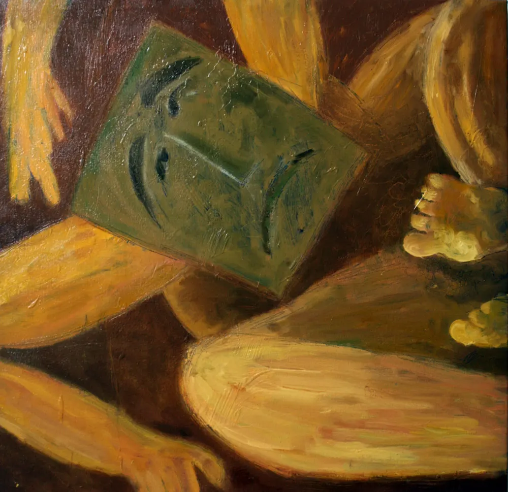 Painting of a guy stuck in a box